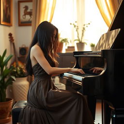 A beautiful Asian woman passionately playing a grand piano