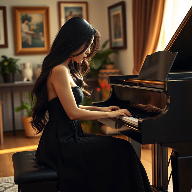 A beautiful Asian woman passionately playing a grand piano