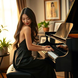 A beautiful Asian woman passionately playing a grand piano