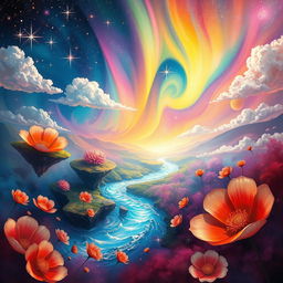 An abstract and ethereal representation of an imaginary world, showcasing vibrant colors and fantastical elements like floating islands, oversized flowers, and a shimmering river meandering through a dream-like landscape