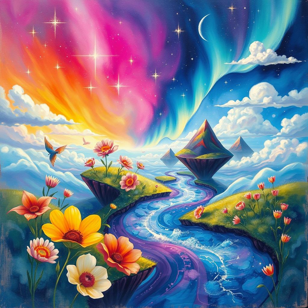 An abstract and ethereal representation of an imaginary world, showcasing vibrant colors and fantastical elements like floating islands, oversized flowers, and a shimmering river meandering through a dream-like landscape