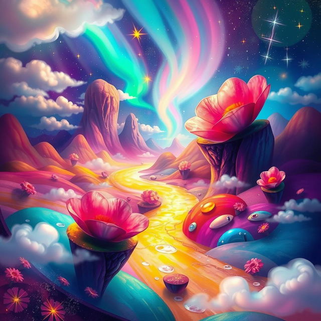 An abstract and ethereal representation of an imaginary world, showcasing vibrant colors and fantastical elements like floating islands, oversized flowers, and a shimmering river meandering through a dream-like landscape