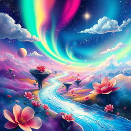 An abstract and ethereal representation of an imaginary world, showcasing vibrant colors and fantastical elements like floating islands, oversized flowers, and a shimmering river meandering through a dream-like landscape