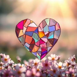 A beautifully crafted shattered heart made of intricately designed glass pieces, reflecting light in vibrant colors