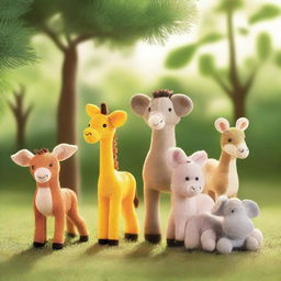 Generate a collection of various safari animals, each in a lively and idyllic setting, illuminated by a soft, early morning light