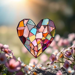 A beautifully crafted shattered heart made of intricately designed glass pieces, reflecting light in vibrant colors