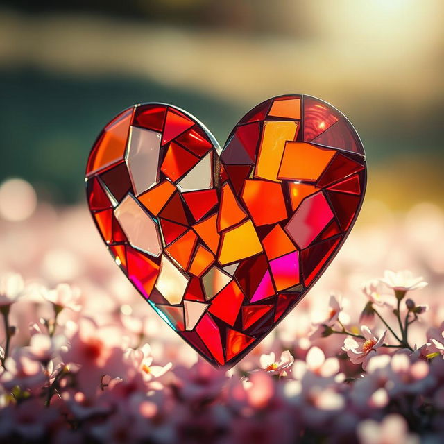 A beautifully crafted shattered heart made of intricately designed glass pieces, reflecting light in vibrant colors