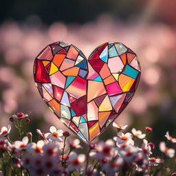 A beautifully crafted shattered heart made of intricately designed glass pieces, reflecting light in vibrant colors