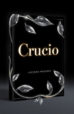 A book cover design for 'Crucio' by Lucijana Madunić featuring a completely black background with elegant silver linings integrated into the design