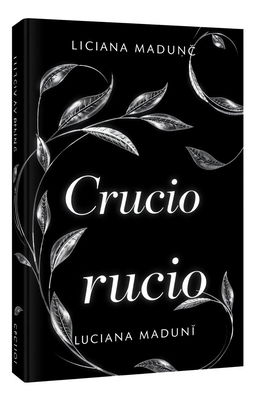 A book cover design for 'Crucio' by Lucijana Madunić featuring a completely black background with elegant silver linings integrated into the design