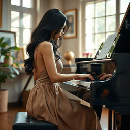 A stunning Asian woman immersed in playing a grand piano, exuding elegance and charm