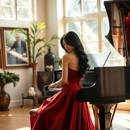 A stunning Asian woman immersed in playing a grand piano, exuding elegance and charm