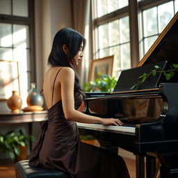 A stunning Asian woman immersed in playing a grand piano, exuding elegance and charm