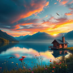 A realistic landscape capturing a serene sunset over a calm lake, with vibrant colors reflecting on the water's surface