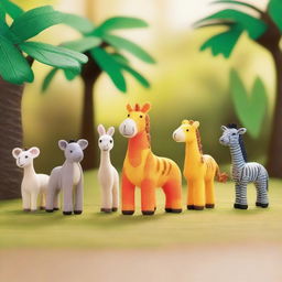 Generate a collection of various safari animals, each in a lively and idyllic setting, illuminated by a soft, early morning light