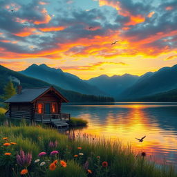 A realistic landscape capturing a serene sunset over a calm lake, with vibrant colors reflecting on the water's surface