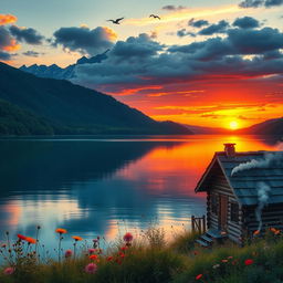 A realistic landscape capturing a serene sunset over a calm lake, with vibrant colors reflecting on the water's surface