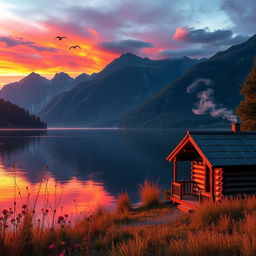A realistic landscape capturing a serene sunset over a calm lake, with vibrant colors reflecting on the water's surface