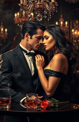 A captivating scene depicting a romantic moment between a suave mafia boss and a mysterious femme fatale in a dimly lit, luxurious setting