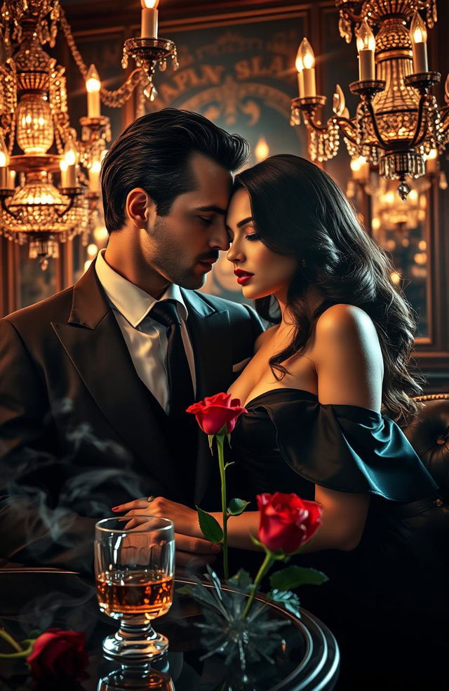 A captivating scene depicting a romantic moment between a suave mafia boss and a mysterious femme fatale in a dimly lit, luxurious setting