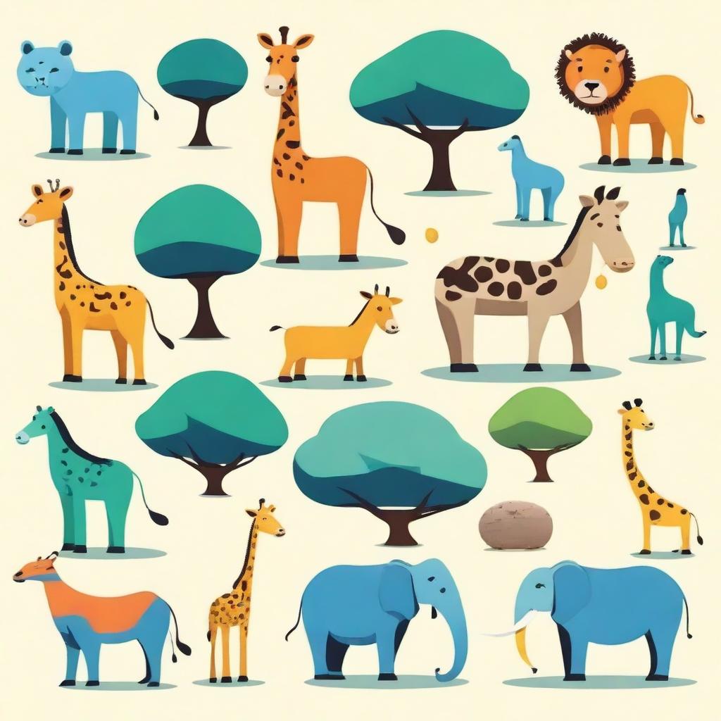 Generate a collection of various safari animals in 2D vector style