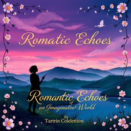 An artistic book cover for a poetry collection titled 'Romantic Echoes of an Imaginary World'