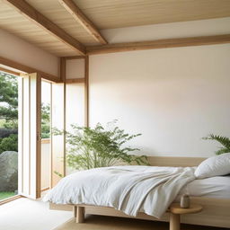 A serene and minimalist bedroom featuring Japandi style interiors, with concepts of Scandinavian and Japanese aesthetics. Harmonious blend of light wooden accents, neutral color palettes, organic textures, and indoor greenery creates a tranquil space.