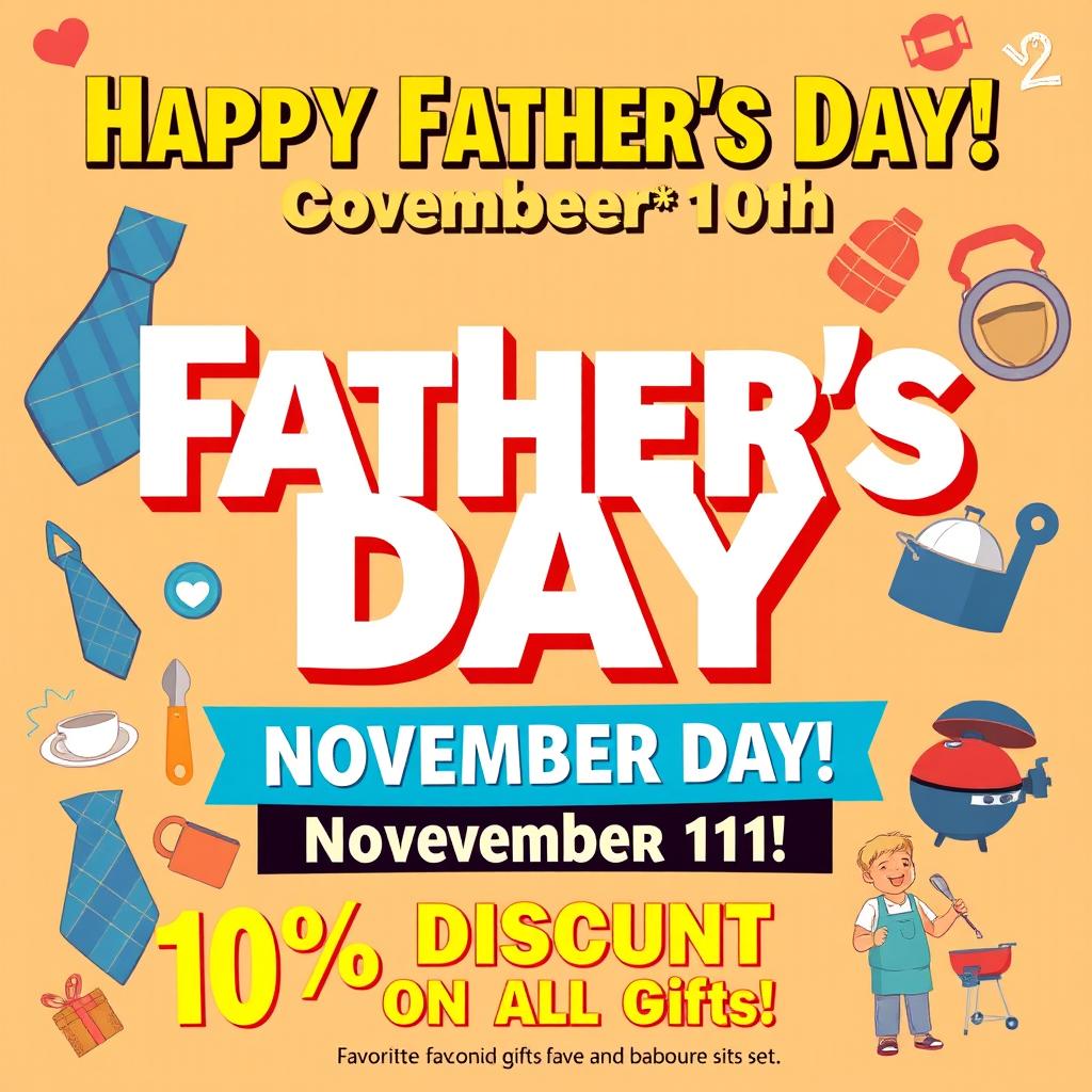 A vibrant and cheerful Father's Day poster celebrating the special day on November 10th, featuring a large, bold text that reads 'Happy Father's Day!' at the top