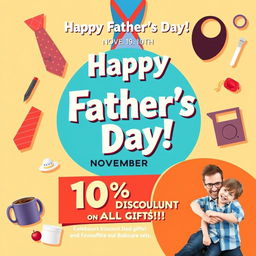 A vibrant and cheerful Father's Day poster celebrating the special day on November 10th, featuring a large, bold text that reads 'Happy Father's Day!' at the top