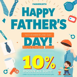 A vibrant and cheerful Father's Day poster celebrating the special day on November 10th, featuring a large, bold text that reads 'Happy Father's Day!' at the top