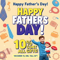 A vibrant and cheerful Father's Day poster celebrating the special day on November 10th, featuring a large, bold text that reads 'Happy Father's Day!' at the top