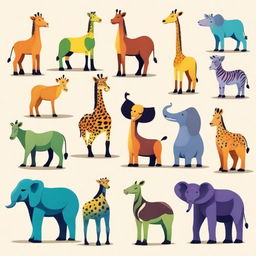 Generate a collection of various safari animals in 2D vector style