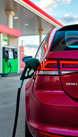 A sleek Volkswagen Golf refueling at a gas station, with the gas nozzle inserted into its fuel tank