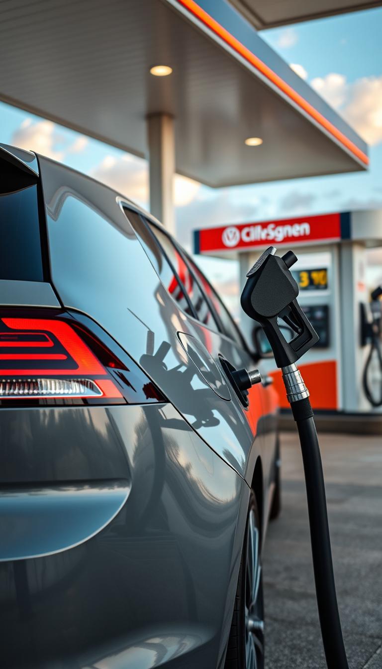 A sleek Volkswagen Golf refueling at a gas station, with the gas nozzle inserted into its fuel tank