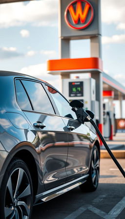 A sleek Volkswagen Golf refueling at a gas station, with the gas nozzle inserted into its fuel tank