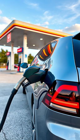 A sleek Volkswagen Golf refueling at a gas station, with the gas nozzle inserted into its fuel tank