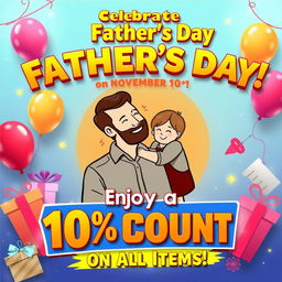 A vibrant and eye-catching Father's Day poster featuring the text 'Celebrate Father's Day on November 10!' in bold, festive typography at the top