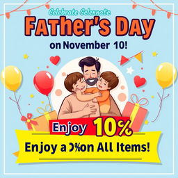 A vibrant and eye-catching Father's Day poster featuring the text 'Celebrate Father's Day on November 10!' in bold, festive typography at the top