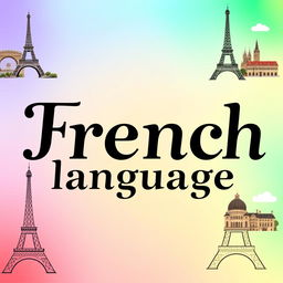 A colorful front page design featuring various types of elegant black fonts that spell out 'French language', prominently displayed in the center of the page