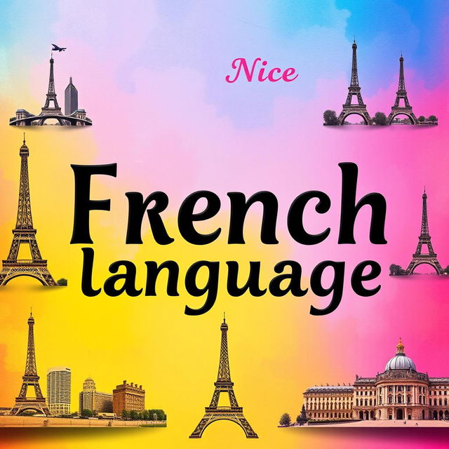 A colorful front page design featuring various types of elegant black fonts that spell out 'French language', prominently displayed in the center of the page