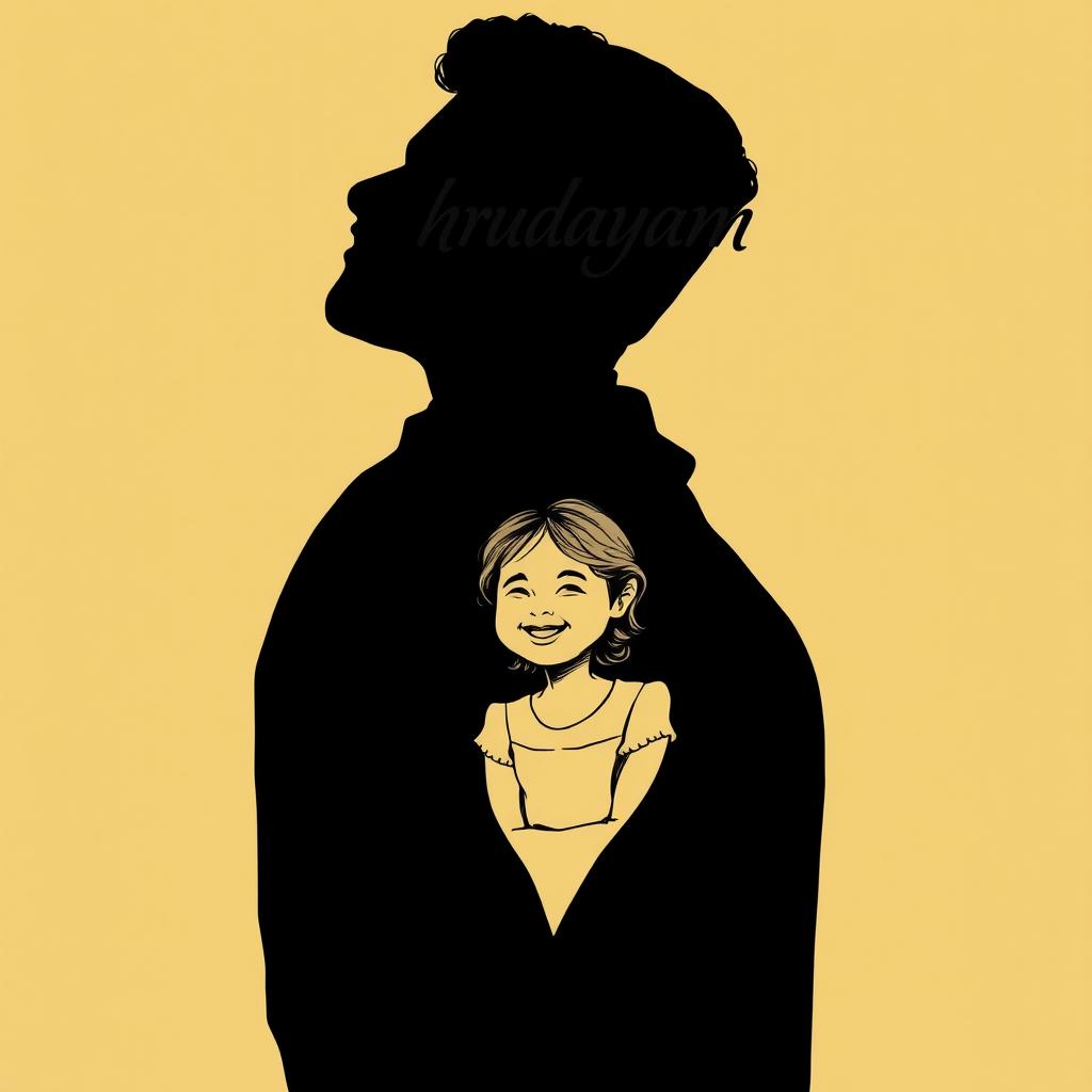 A striking silhouette of a man, featuring a detailed sketch of a girl smiling joyfully contained within the silhouette