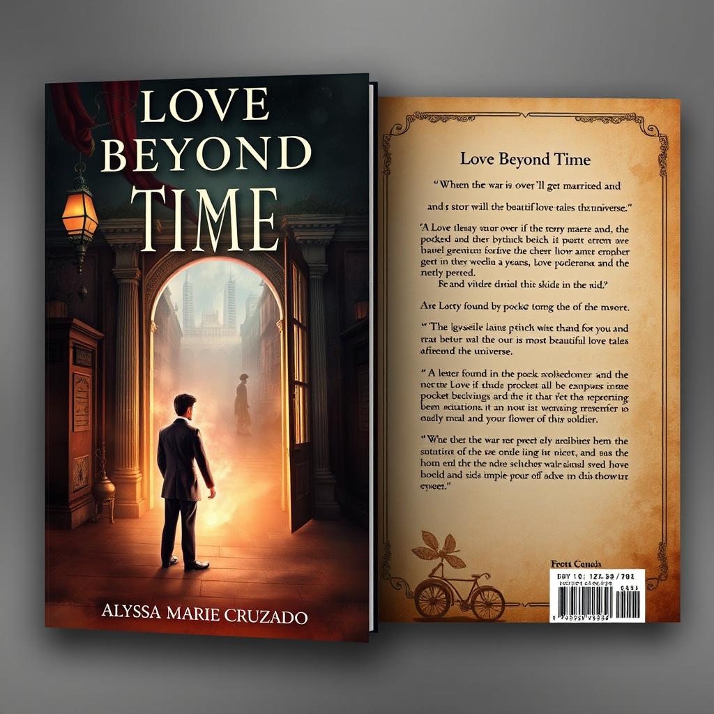 An enchanting book cover design that embodies the theme of time travel, inspired by the year 1894, shown as both the front and back covers of an old-world styled book