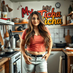 A 29-year-old Spanish Latina woman standing confidently in a messy kitchen