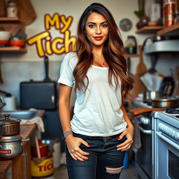A 29-year-old Spanish Latina woman standing confidently in a messy kitchen