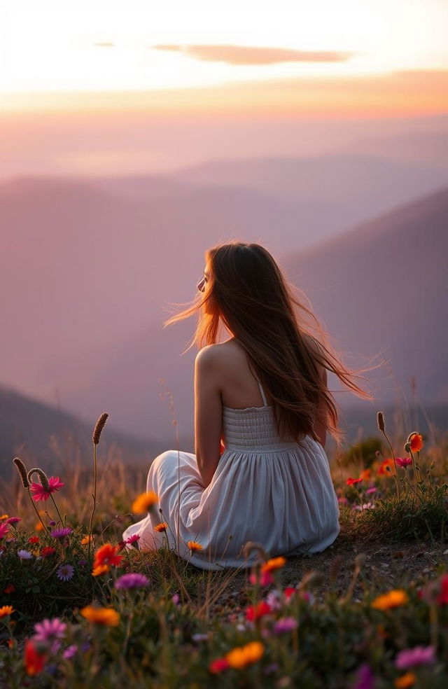 A serene and contemplative scene, showcasing a person sitting on a peaceful hilltop at sunset