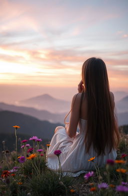 A serene and contemplative scene, showcasing a person sitting on a peaceful hilltop at sunset