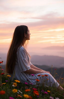 A serene and contemplative scene, showcasing a person sitting on a peaceful hilltop at sunset