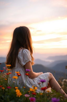 A serene and contemplative scene, showcasing a person sitting on a peaceful hilltop at sunset