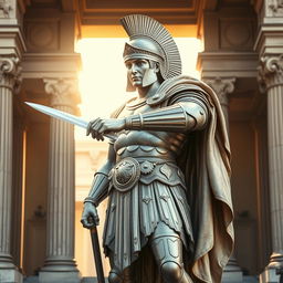 A majestic Roman centurion statue, showcasing intricate details of armor and a strong physique