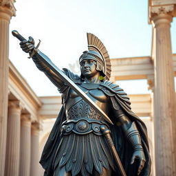A majestic Roman centurion statue, showcasing intricate details of armor and a strong physique